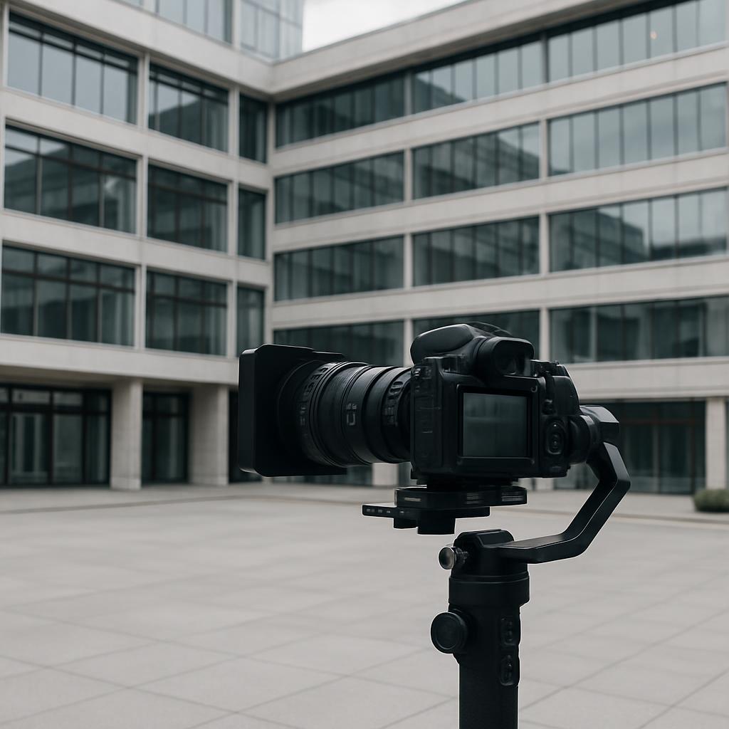 Photography camera in front of a large building.