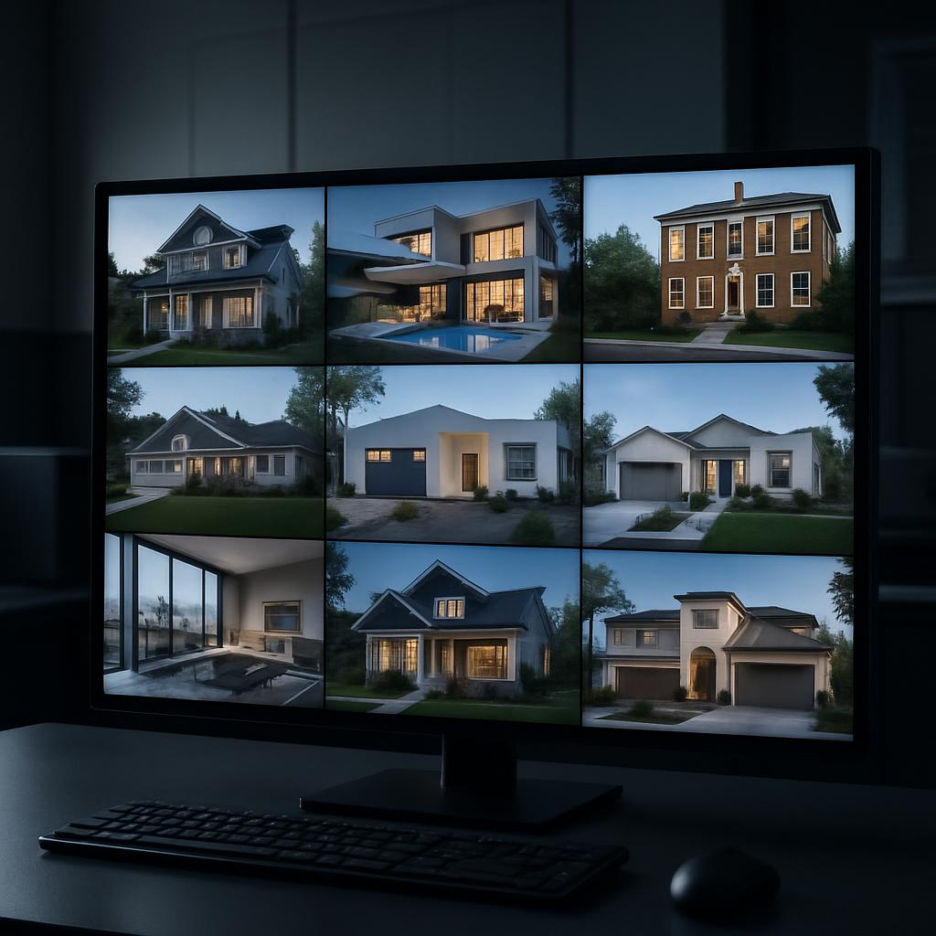 A computer monitor displaying multiple houses on its screen.