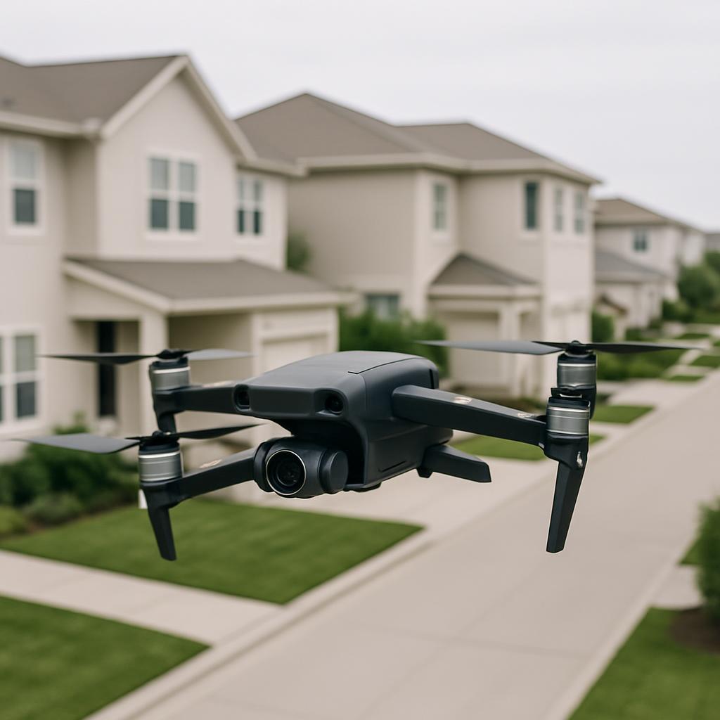 A small black quadcopter drone hovers in front of homes along a concrete street lined with immaculately manicured lawns an...